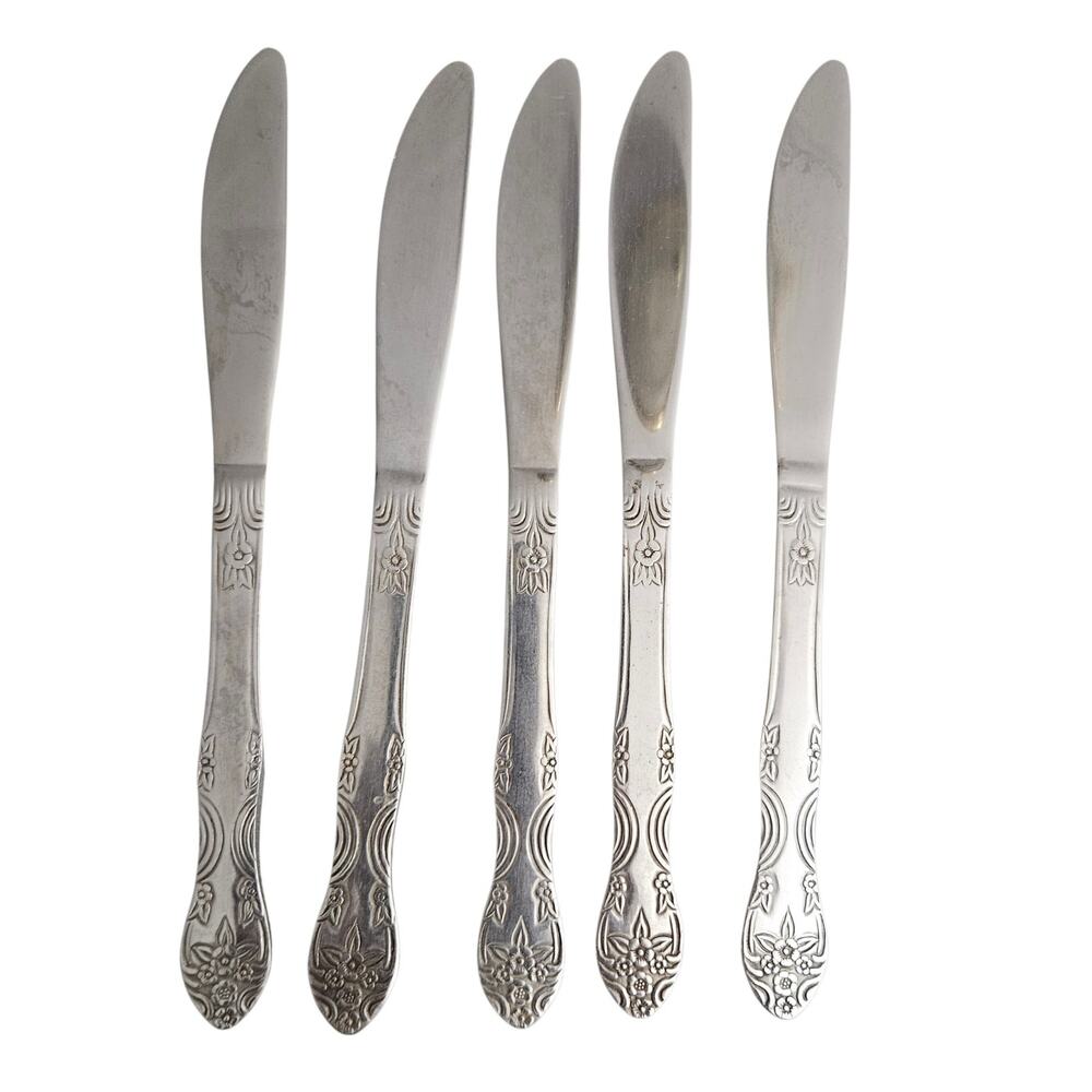 Rogers Stainless Steel Dinner Knives Set of 5 Floral Flatware China Vintage